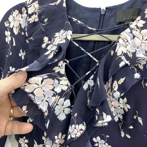 Intermix Silk Romper size 2 Thali Floral Navy Balloon Sleeve V-neck Romantic - Picture 5 of 11